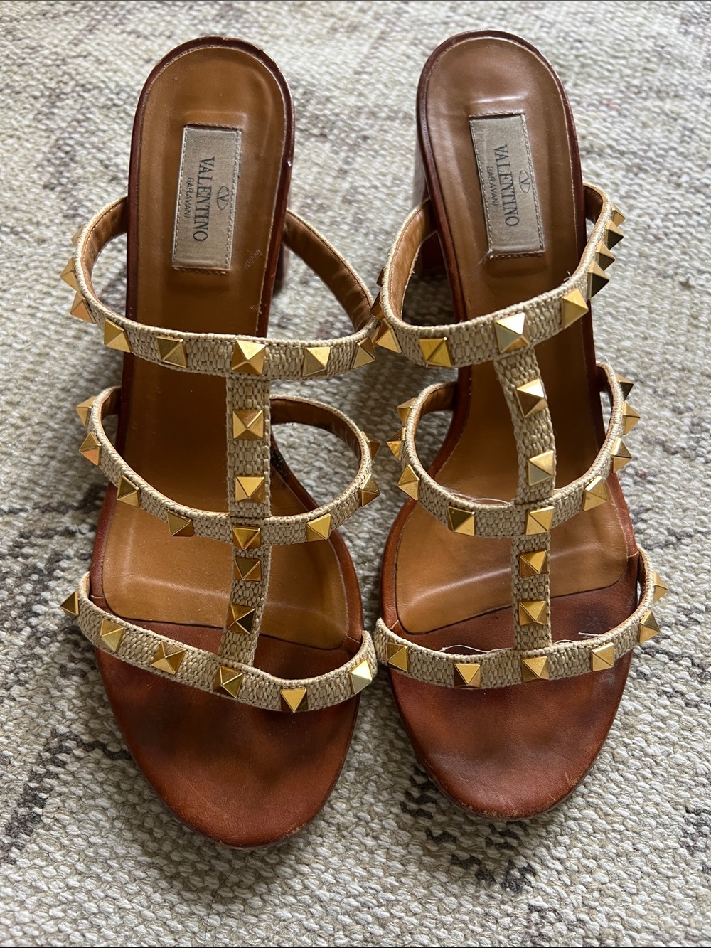 Valentino Garavani Beige Raffia Pyramid-Stud T-Strap Heels